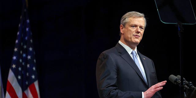 Massachusetts Gov. Charlie Baker delivers his Federal State Address at the Hynes Convention Center in Boston on Tuesday, Jan. 25, 2022.