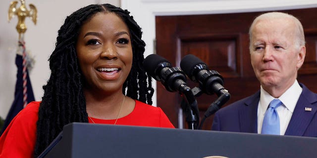 Cherelle Griner, wife of Olympian and WNBA player Brittney Griner, speaks after President Biden announced Brittney's release from Russian custody at the White House in Washington, D.C., on Thursday.