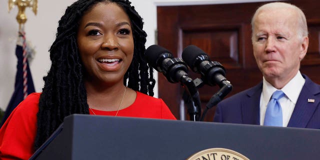 Cherelle Griner (L), wife of Olympian and WNBA player Brittney Griner, speaks after U.S. President Joe Biden announced her release from Russian custody, at the White House on December 08, 2022 in Washington, DC. 