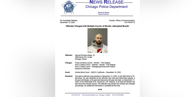 A Chicago Police Department press release shows Samuel Parsons-Salas, 32, and the charges against him. 