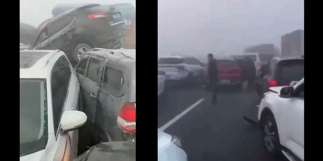 Video taken from the crash scene in Zhengzhou, China showed cars piled on top of each other and drivers standing in the road.