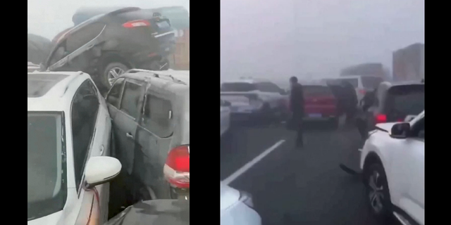 Video taken from the crash scene in Zhengzhou, China showed cars piled on top of each other and drivers standing in the road.