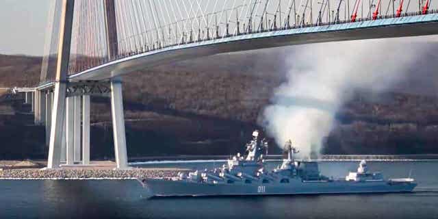The Russian Pacific Fleet's Varyag missile cruiser sets sail in December. 19, 2022, for a planned joint naval drill between Russia and China. The joint naval exercise will begin later this week in the East China Sea.