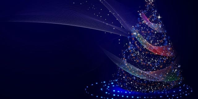 A whimsical blue Christmas tree made of moving stars and lights.