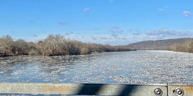 The Delaware River north of Trenton, New Jersey, was filled with drift ice on Christmas Day 2022. George Washington crossed the Delaware at this spot during his famous attack on Trenton on Christmas Day 1776.