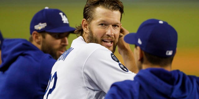 Los Angeles Dodgers pitcher Clayton Kershaw looks on during the NLDS Game 2 against the San Diego Padres on Oct. 12, 2022, at Dodger Stadium.