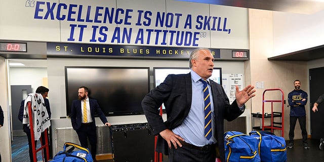 ST. LOUIS, MO - MAY 12: St. Louis Blues head coach Craig Berube addresses the players after the Blues defeated the Minnesota Wild in Game Six of the First Round of the 2022 Stanley Cup Playoffs at the Enterprise Center on May 12, 2022, in St. Louis, Missouri.