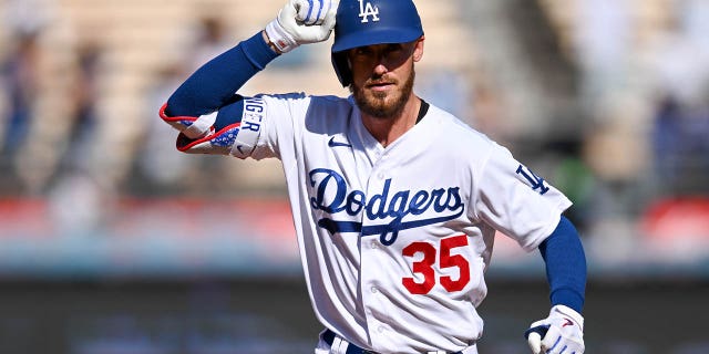 Dodgers Cody Bellinger, #35, rounds the bases after homering during 7th inning action against the Rockies at Dodger stadium Wednesday, Oct. 5, 2022.