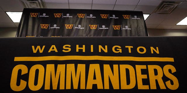 The Washington Commanders name and logo at the team's facility in Ashburn, Virginia, Nov. 10, 2022.