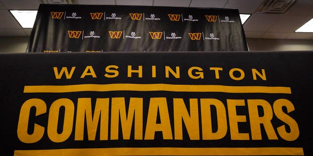 The Washington Commanders name and logo at the team's facility in Ashburn, Virginia, Nov. 10, 2022.