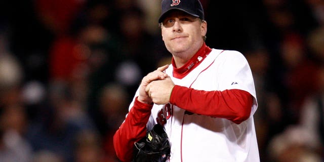 Red Sox pitcher Curt Schilling faces the Cleveland Indians during the playoffs in Boston on October 13, 2007.