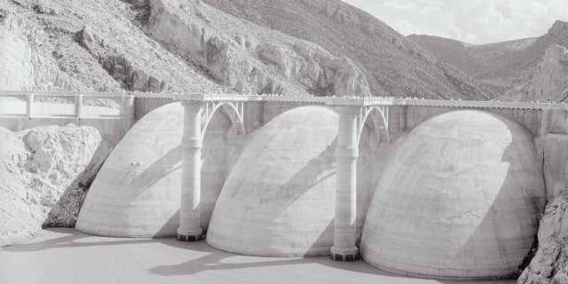 An aerial view of the Coolidge Dam in Arizona in 1950