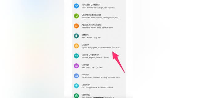 Instructions on how to get to the display screen from settings on an andriod.