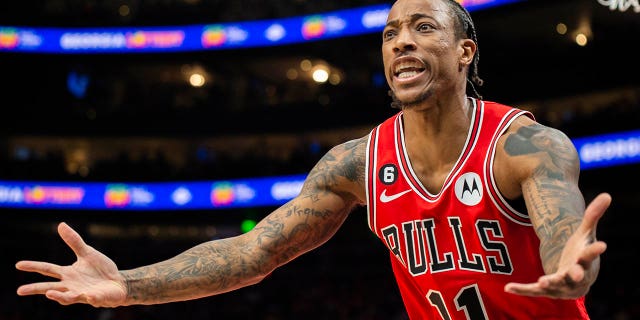 Chicago Bulls forward DeMar DeRozan reacts after no foul was called during the first half of a game against the Atlanta Hawks Dec. 11, 2022, in Atlanta.