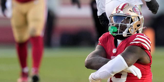 San Francisco 49ers wide receiver Deebo Samuel reacts after catching a pass against the Miami Dolphins during the second half of an NFL football game in Santa Clara, California, Sunday, Dec. 4, 2022. 