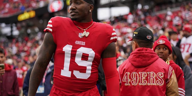 San Francisco 49ers wide receiver Deebo Samuel stands on the field before the game against the Tampa Bay Buccaneers in Santa Clara, California, Sunday, Dec. 11, 2022.