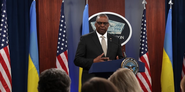 U.S. Secretary of Defense Lloyd Austin speaks during a press briefing after a virtual Ukraine Defense Contact Group meeting at the Pentagon in Arlington, Virginia, on Nov. 16, 2022.
