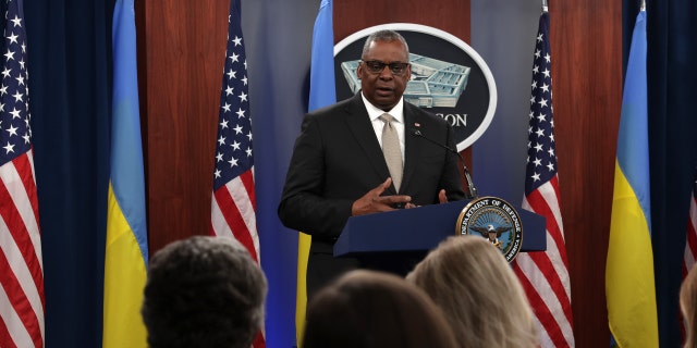 U.S. Secretary of Defense Lloyd Austin speaks during a press briefing following a virtual Ukrainian Defense Contact Group meeting at the Pentagon November 16, 2022 in Arlington, Virginia.