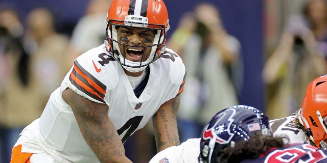 Deshaun Watson of the Cleveland Browns calls a play during the first quarter against the Houston Texans at NRG Stadium on Dec. 4, 2022, in Houston.