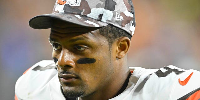 Cleveland Browns quarterback Deshaun Watson leaves the field at the end of the first half against the Chicago Bears in an NFL preseason football game, Aug. 27, 2022, in Cleveland.