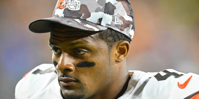 Cleveland Browns quarterback Deshaun Watson leaves the field at the end of the first half against the Chicago Bears in an NFL preseason football game, Aug. 27, 2022, in Cleveland.