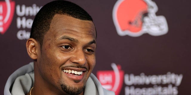 Deshaun Watson of the Cleveland Browns speaks to the media after a game against the Houston Texans at NRG Stadium on Dec. 4, 2022, in Houston.