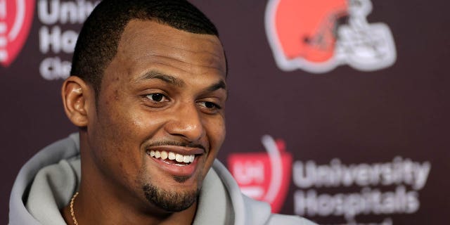 Deshaun Watson of the Cleveland Browns speaks to the media after a game against the Houston Texans at NRG Stadium on Dec. 4, 2022, in Houston.