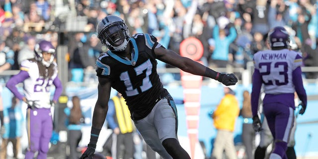 CHARLOTTE, NC - DECEMBER 10: Devin Funchess #17 of the Carolina Panthers reacts after a touchdown against the Minnesota Vikings in the third quarter during their game at Bank of America Stadium on December 10, 2017, in Charlotte, North Carolina.
