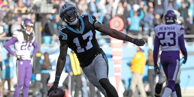 CHARLOTTE, NC - DECEMBER 10: Devin Funchess #17 of the Carolina Panthers reacts after a touchdown against the Minnesota Vikings in the third quarter during their game at Bank of America Stadium on December 10, 2017, in Charlotte, North Carolina.