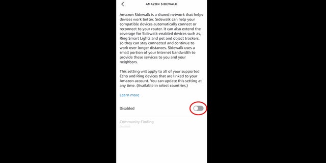 Amazon Alexa settings for disabling Amazon Sidewalk.