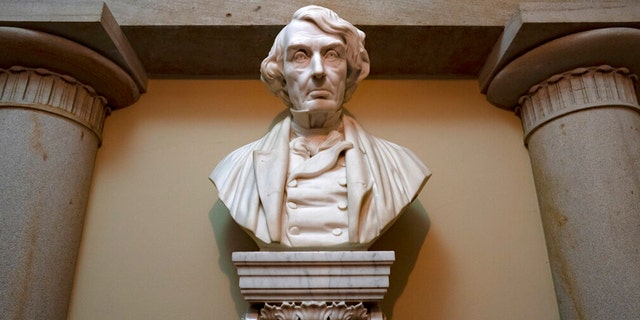 A marble bust of Chief Justice Roger Taney is displayed in the Old Supreme Court Chamber in the U.S. Capitol in Washington, on March 9, 2020.