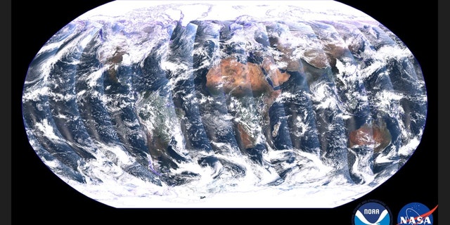 与地球静止卫星不同，极地轨道卫星捕获整个地球的大量数据并每天两次监测整个地球。 这张由最近发射的 NOAA-21 卫星上的 VIIRS 仪器拍摄的全球马赛克是在 2022 年 12 月 5 日至 6 日的 24 小时内由这些条带创建的合成图像。 