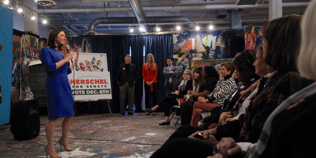 Senator-elect Katie Britt, R-Ala., speaks to a group of supporters at a Women for Herschel event in Atlanta ahead of the Georgia Senate Runoff between Republican Herschel Walker and Democratic Sen.  Raphael Warnock on Dec. 1, 2022.