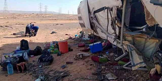 The remains of a bus at the site of the crash on a road between the Egyptian town of Aswan and the famed Abu Simbel temple in Egypt on July 7, 2022. Another bus crash in the same area killed two tourists on Dec. 1, 2022.
