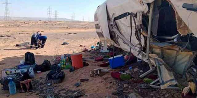 The remains of a bus at the crash site on the road between the Egyptian city of Aswan and the famous temple of Abu Simbel in Egypt on July 7, 2022.  In another bus crash in the same area on December 2, two tourists were killed.  January 1, 2022