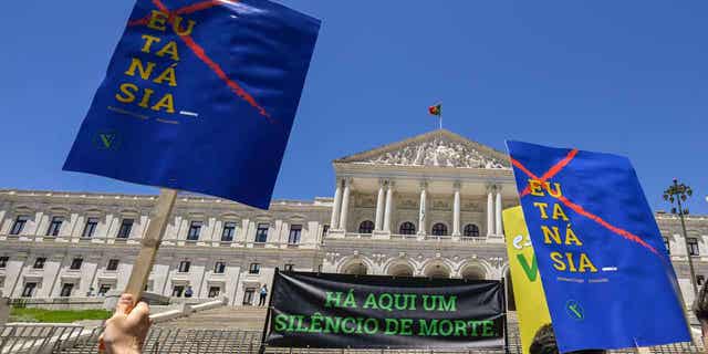 Demonstrators hold signs outside the Portuguese Parliament during a 