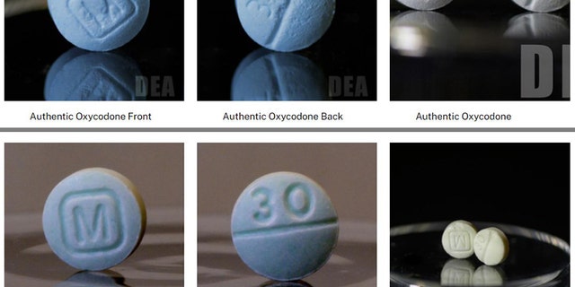 Prince William County Police Department provide a photo illustration showing a fentanyl pill next to a Perc30 pill.