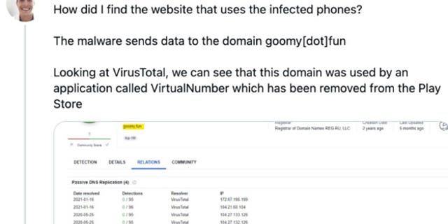 Screenshot from a French researcher showing how he was able to trace back malware to a particular app.