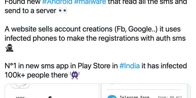 Screenshot of Maxime Ingrao sharing that Evina, a cybersecurity company, has malware attached to its app.