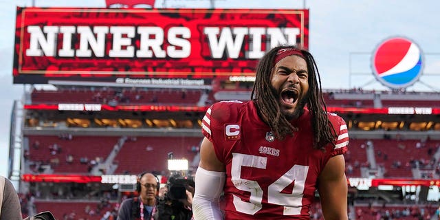 San Francisco 49ers linebacker Fred Warner, #54, celebrates after the 49ers defeated the Miami Dolphins in an NFL football game in Santa Clara, California, Sunday, Dec. 4, 2022. 