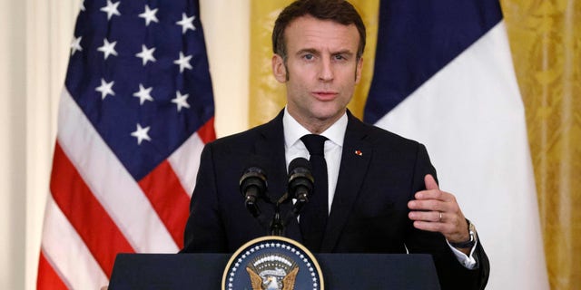 French President Emmanuel Macron during a joint press conference with President Biden at the White House on Dec. 1, 2022.