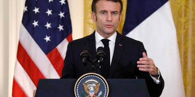 French President Emmanuel Macron during a joint press conference with President Biden at the White House on Dec. 1, 2022.