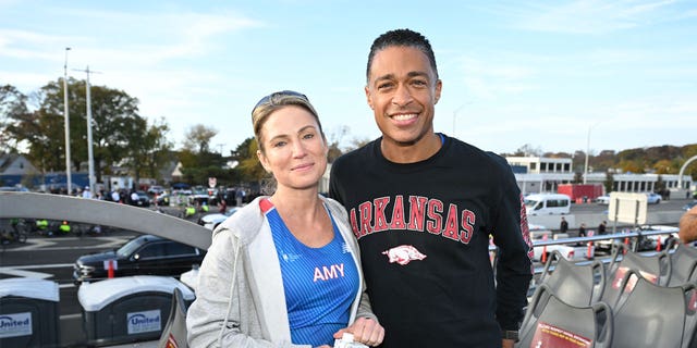 Amy Robach and T.J. Holmes run during the 2022 TCS New York City Marathon on November 06, 2022.