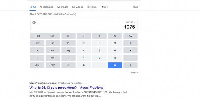 Screenshot showing how to solve math equations with Google.