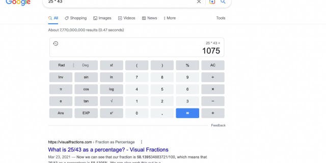 Screenshot demonstrating how to use Google to solve a math equation.