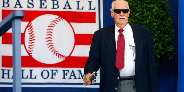 Hall of Famer Gaylord Perry is introduced at Clark Sports Center during the Baseball Hall of Fame induction ceremony on July 24, 2016 in Cooperstown, New York.