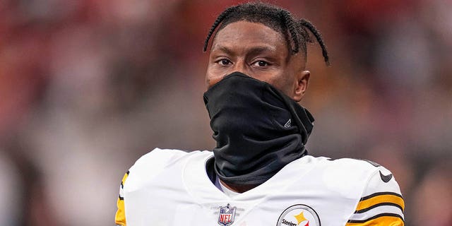 Pittsburgh Steelers wide receiver George Pickens on the field during warm-ups prior to the game against the Atlanta Falcons at Mercedes-Benz Stadium, Dec. 4, 2022, in Atlanta.