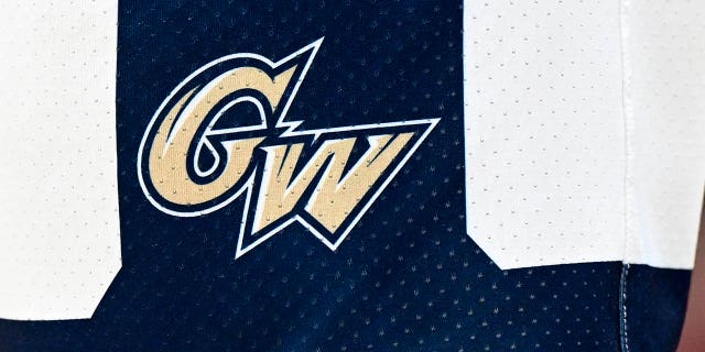 The George Washington Colonials logo on their uniform during the Massachusetts Minutemen game at Capital One Arena on March 10, 2022, in Washington, D.C.