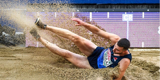 Izmir Smajlaj of Albania competes in the men's long jump final during Day 2 of the 2018 European Athletics Championships at the Olympic Stadium in Berlin.