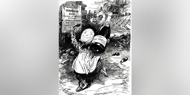 A cartoon commenting on the great year for homemade wines — riots in the Champagne district. Dated 20th century.
